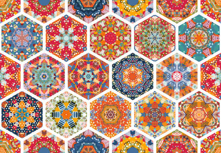 Patchwork seamless pattern with colorful hexagon mandalas and white seams. Vector illustrationのイラスト素材