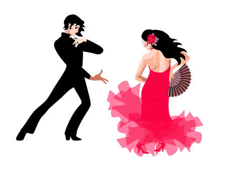 A young man in a black suit and a girl in a long red dress, with a rose in her hair and with a fan in her hand, dance flamenco isolated on a white background. Spanish, gypsy motives.のイラスト素材