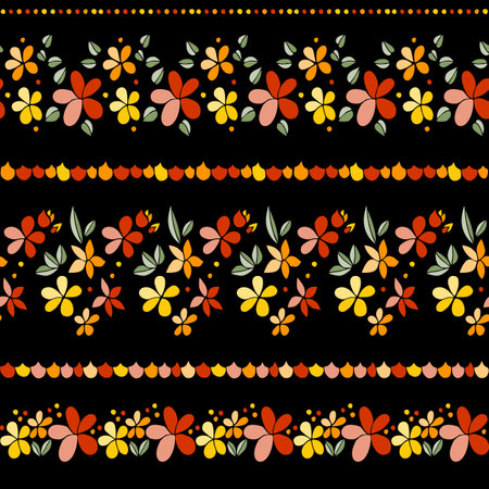 Festive seamless pattern with striped ornament from colorful flowers on black background. Print for fashion fabric. Vector illustration.のイラスト素材