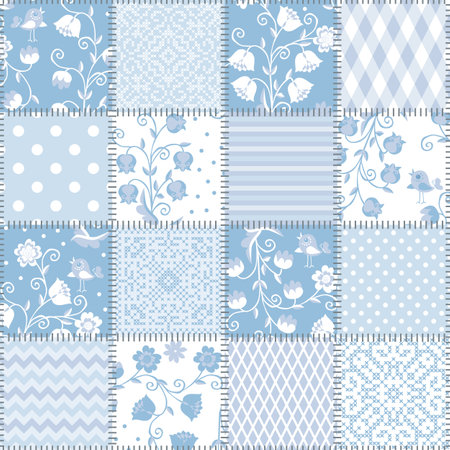 Seamless patchwork pattern with beautiful floral and geometric ornament in light blue colors. Quilt design in country style.のイラスト素材