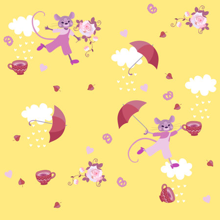 Endless pattern with adorable mice, tea cups, umbrellas, clouds, cakes, hearts and rose flowers on light yellow background. Print for fabric, wallpaper for baby. Lid for square box.のイラスト素材