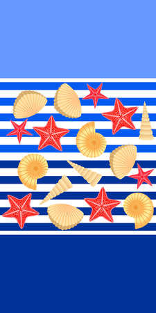 Vector seamless pattern with pink starfishes and golden seashells on white background with blue stripes. Striped nautical wallpaper design, beach towel.のイラスト素材