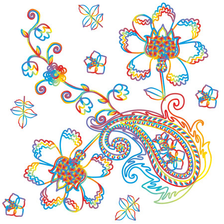 Colorful floral and paisley pattern in ethnic style isolated on white background.のイラスト素材