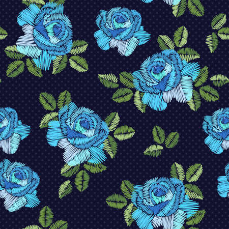 Embroidery seamless pattern with blue flowers of roses. Beautiful print for fabric.のイラスト素材