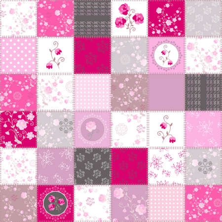 Beautiful seamless patchwork pattern with floral ornaments in pink colors.のイラスト素材