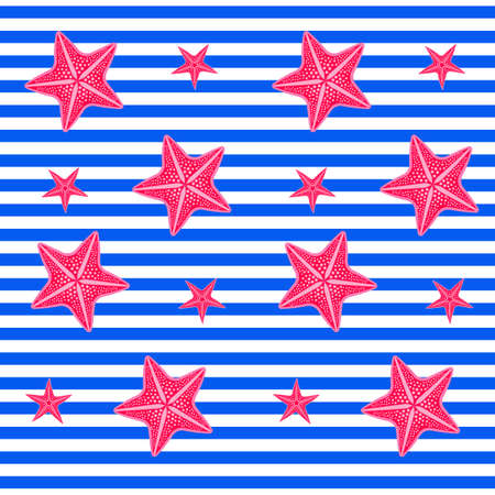 Seamless blue and white striped pattern with crimson starfish. Beach towel, print for fabric.のイラスト素材