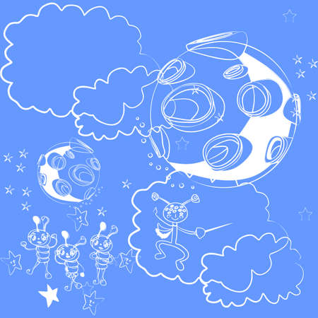 Cosmic endless pattern with fantasy aliens boys and girls, planets, clouds, stars, against blue sky. Sketch. Wallpaper, baby print for fabric.のイラスト素材