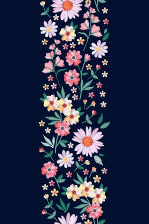 Vertical seamless border with embroidery flowers and leafs. Beautiful vector pattern.のイラスト素材