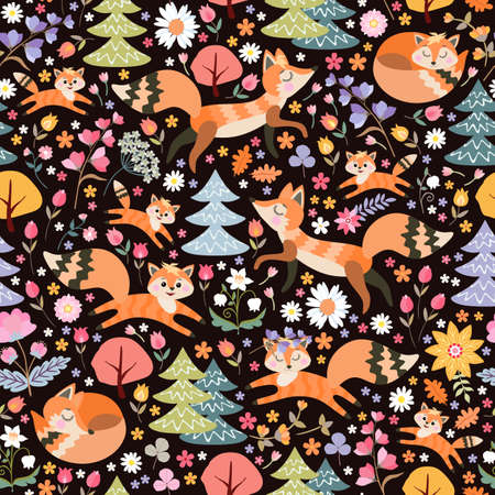 Cute seamless pattern with foxes, flowers and trees. Fairytale forest. Print for fabric. Design for children.のイラスト素材