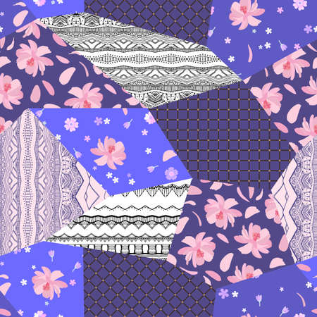Patchwork pattern from patches with flowers, lace and geometric ornaments. Quilting design for pillowcase, carpet, rug.のイラスト素材