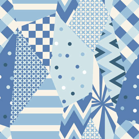 Seamless patchwork pattern with abstract geometric ornaments in blue colors.のイラスト素材