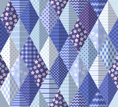 Seamless patchwork pattern from rhombus patches with floral and geometric ornaments. Quilting...