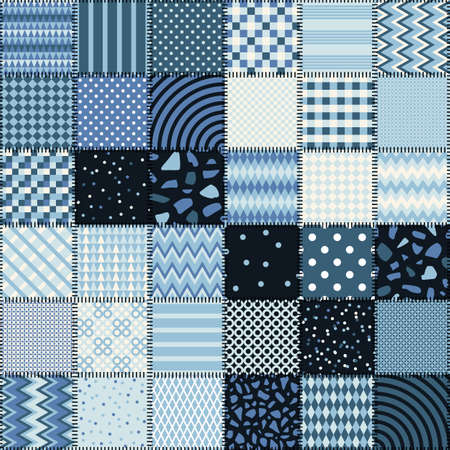 Simple abstract patchwork pattern. Endless vector background in blue tones.