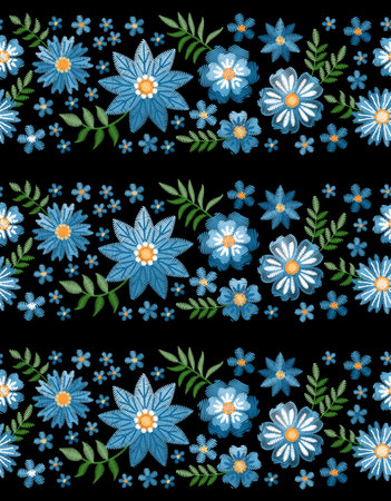Floral embroidery seamless pattern. Horizontal stripes from blue flowers and green leaves on black background. Textile print.のイラスト素材