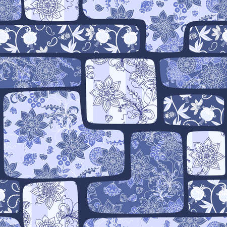 Seamless patchwork pattern with flowers and berries in vintage style. Print for fabric, wallpaper in blue tones. Vector illustration.のイラスト素材