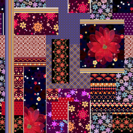 Patchwork seamless pattern with floral and geometric snippets. Vector design.のイラスト素材