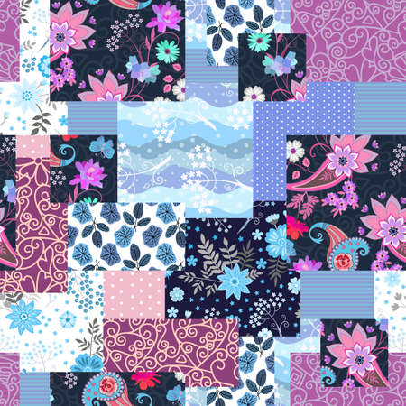 Decorative seamless patchwork pattern with floral motifs. Quilt design. Cute print for fabric, blanket, carpetのイラスト素材