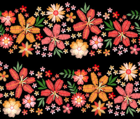 Wide stripes of embroidered flowers on a black background. Large red and orange lilies among tiny...