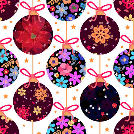 Christmas balls decorated with floral patterns are suspended on threads on a white background with small yellow stars. Seamless patchwork pattern.のイラスト素材