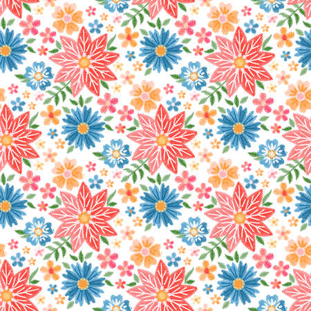 Magic summer print with flowers and leaves embroidered with satin stitch on a white background. Seamless vector ornament for wallpaper, fabric. Embroidery.のイラスト素材
