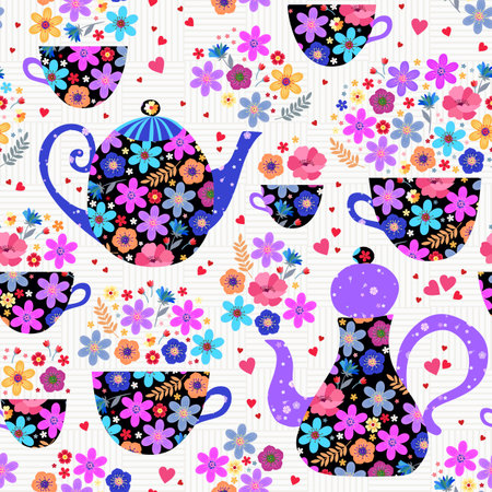 Teatime among flowers. Vector seamless pattern. Teapots and cups with beautiful floral ornament.のイラスト素材