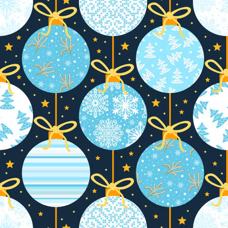 Christmas seamless pattern with light blue Christmas balls on dark background with small yellow stars. Print for fabric. new year design.のイラスト素材