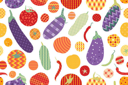 Colorful vegetables in patchwork style on white background. vector seamless pattern.のイラスト素材