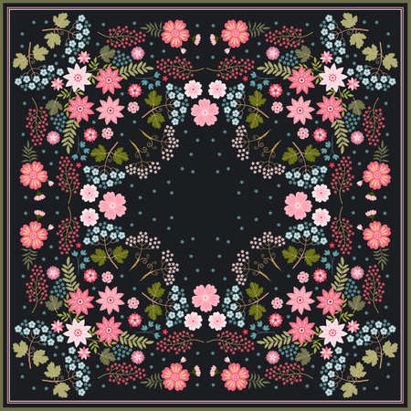 Bandana print with beautiful floral ornament. Square pattern with flowers. Print for scarf, shawl, kerchief. vector illustration.のイラスト素材