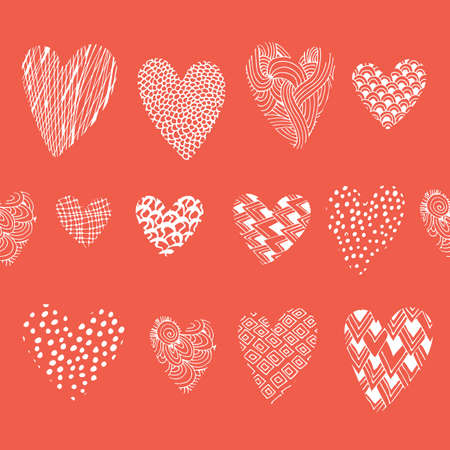 White hand drawn hearts with ornaments on red background. vector seamless pattern.のイラスト素材