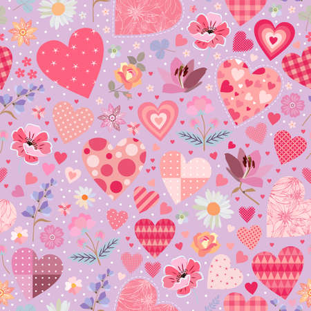 Seamless pattern with different beautiful hearts and flowers. romantic design.のイラスト素材