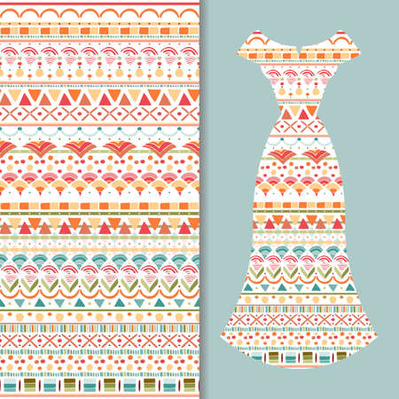 Seamless pattern with colorful ornament in ethnic style and mockup of summer dress. fabric print. vector illustration.のイラスト素材