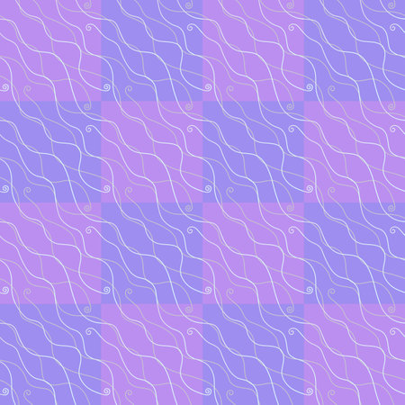Diagonal white and gray waves on a blue and lilac checkered background. Intricate seamless natural...