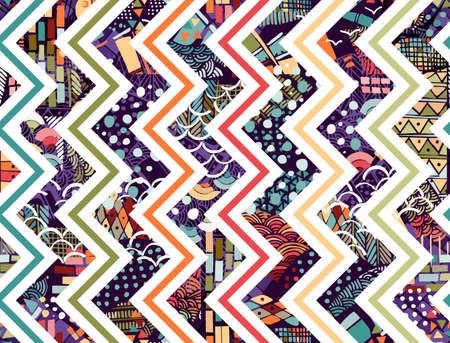 Spectacular patchwork pattern of various zigaz-like elements. Colored zippers on a white background and motley wide chevron patches. Seamless print for fabric. vector illustration.のイラスト素材