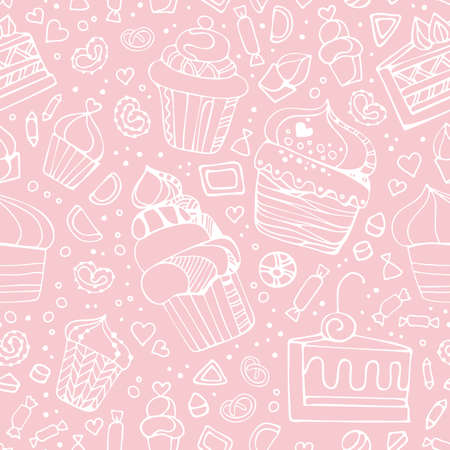 Seamless pattern with white hand drawn sweet cupcakes, cookies and candy on pastel pink background.のイラスト素材