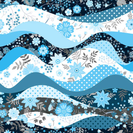 Seamless patchwork pattern with small flowers in blue colors. vector illustration. Beautiful print for fabricのイラスト素材