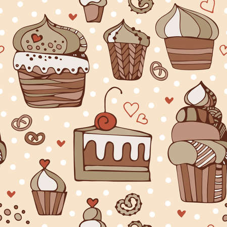 Seamless pattern with different sweet cupcakes on dot background.