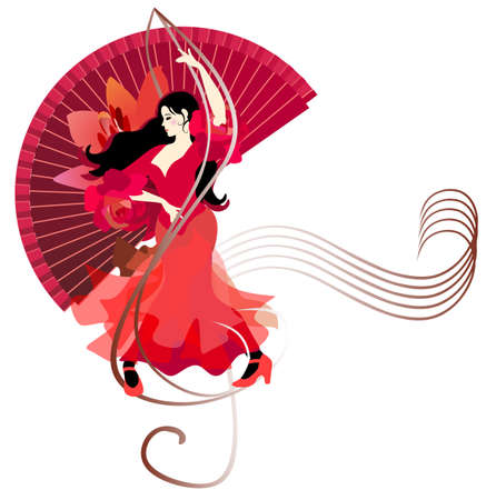 A black-haired gypsy girl in a long red dress with flounced sleeves in the shape of roses is dancing flamenco against the backdrop of a large fan decorated with a lily. nice poster. Symbols of traditionsのイラスト素材