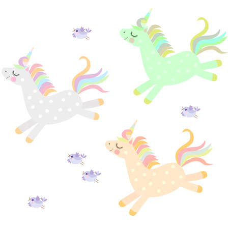Endless print with cute cartoon unicorns of different colors and funny birds isolated on a white background. Fun fabric for the kid.のイラスト素材