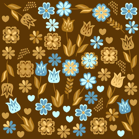 Wonderful endless natural ornament on a brown background. Drawn flowers, leaves, hearts. Beautiful variegated print for fabric in a retro style.のイラスト素材