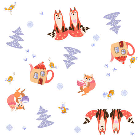 Foxes, squirrels, funny birds, notes, snowflakes, house in the form of magic teapot, snow-covered fir trees, snowflakes isolated on a white background. Wonderful fabric print for kids. vector design.のイラスト素材