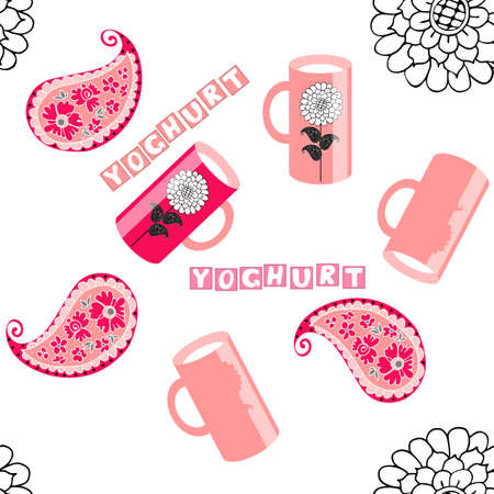 Funny seamless fabric pattern with pink cups full of yogurt, flowers and paisley on a white background. vector design.のイラスト素材