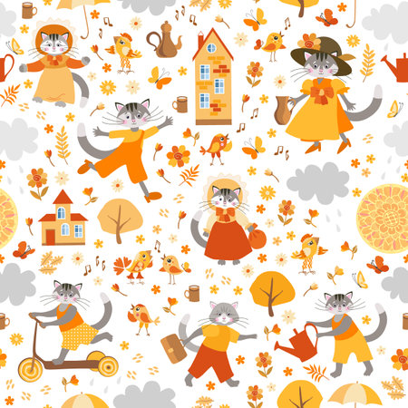 Cute fairytale seamless colorful fabric pattern for toddlers. Funny cats and kittens in costumes are watering flowers, riding a scooter, dancing, humming surrounded by flowers, birds, clouds, houses.のイラスト素材
