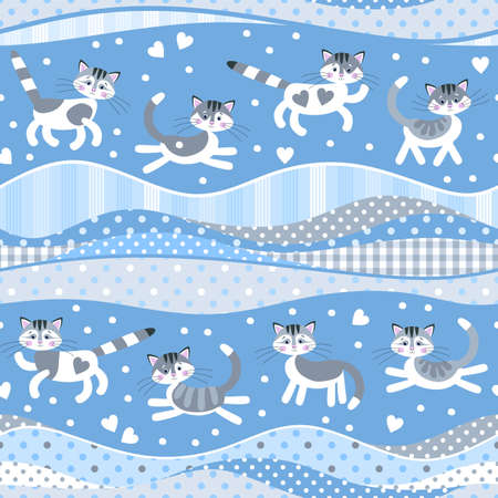 Seamless print for baby fabric in dark blue tones. Funny cats play catch up. Cute cartoon ornament for bed linen, clothes, patchwork wallpaper.のイラスト素材