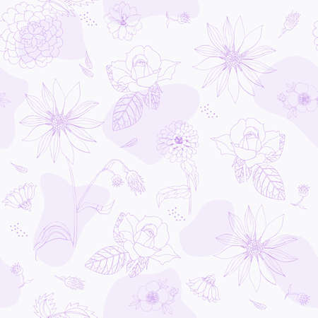 Gentle monochrome lilac natural pattern with zinnia, Jerusalem artichoke, rose, delphinium and other flowers on a white background. Seamless floral print for fabric. Excellent lingerie fabric.のイラスト素材