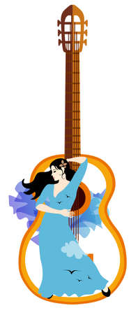 A beautiful poster with a flamenco dancer girl in a long blue dress and a manton that looks like a flying bird against the background of a huge stylized guitar.のイラスト素材