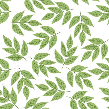 Seamless print for fabric, wallpaper with green ash leaves isolated on white background in vector.のイラスト素材