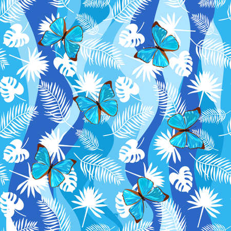 Motley seamless tropical print in blue tones. Large blue butterflies, white silhouettes of palm leaves, stylized waves as a background. vector illustration.のイラスト素材