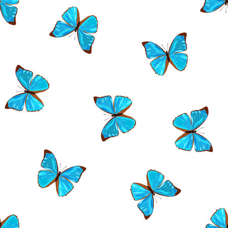 Seamless animal print for fabric with blue tropical butterflies on a white background in vector.のイラスト素材