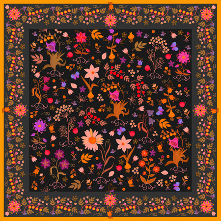 Bandana, pillow, handkerchief, napkin with floral print and decorative frame on black background in vector. Fabulous flowers, leaves, berries and butterflies. Beautiful accessory in vintage style.のイラスト素材