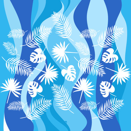 Spectacular tropical pattern. White silhouettes of palm leaves against blue waves. Seamless vector print for fabrics, wallpapers.のイラスト素材